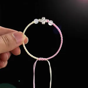 Bracelet trèfle à quatre feuilles en argent 925 tissé main rose et beige avec agate.