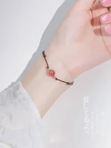 Hand-woven Minimalist Strawberry Quartz Bracelet For Women Natural Stone Bead Adjustable Rope Mori Style Friendship Jewelry Gift