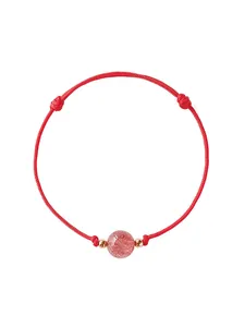 Minimalist handmade red braided string bracelet with a natural strawberry quartz bead
