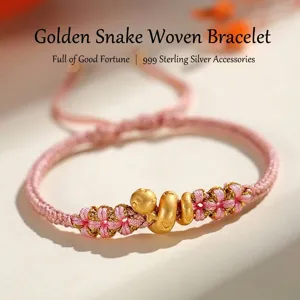 Bracelet rose tissé à la main avec breloques serpent en argent 999 doré pour l'année du serpent