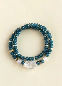 Detailed shot of double-loop teal chalcedony bracelet with carved crystal charm.