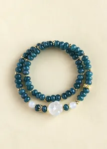 Elegant double-layer beaded bracelet with teal chalcedony stones and white floral charm