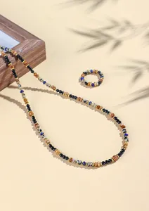 Exquisite 4mm natural lapis lazuli and black agate beaded necklace and ring jewelry set