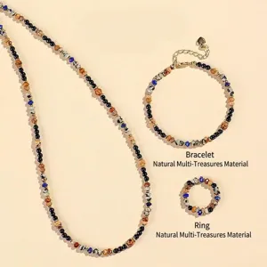 Natural Lapis Lazuli Black Onyx Agate Beads Necklace Bracelet Ring For Women Vintage Ethnic Handcrafted Jewelry Set