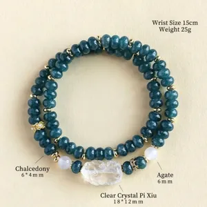 Double-layer dark green chalcedony bracelet with crystal Pixiu charm and agate accents