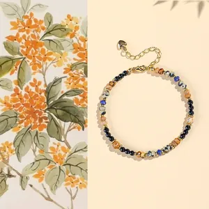 Natural 4mm lapis lazuli and black agate beaded bracelet with gold heart charm