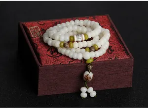 Handcrafted 108 white bodhi root beads Buddhist prayer mala bracelet with elegant lotus charm
