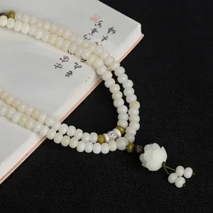 Elegant natural white Bodhi seed 108 prayer beads with lotus flower pendant necklace