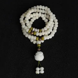 Elegant 108 natural white bodhi seed mala beads bracelet with a carved lotus pendant