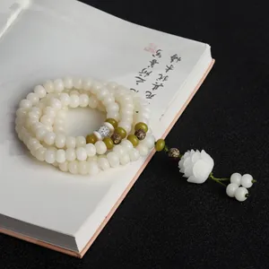 Premium 108 white Bodhi root beads Mala bracelet with elegant lotus flower pendant