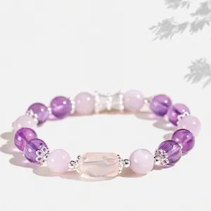 Natural Amethyst Rose Quartz Prehnite Beaded Bracelet For Women Sweet Fresh Crystal Hand String Alloy Rhinestone Charm Jewelry Gift
