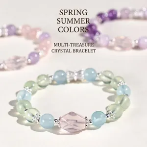 Handmade 8mm natural crystal beaded bracelet featuring amethyst rose quartz and aquamarine