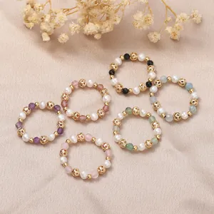 Natural Freshwater Pearl Elastic Ring For Women Vintage Chinese Style Strawberry Rose Quartz Crystal Beaded Ring Light Luxury Jewelry