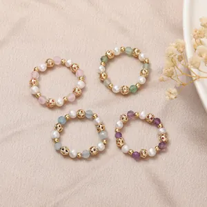 Natural freshwater pearl and colorful crystal elastic rings with gold hollow beads