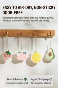 Éponges de cuisine en pulpe de bois en forme de fruits suspendues à un support en bois.