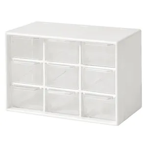 Versatile 9-drawer desktop storage organizer with clear plastic drawers and white frame