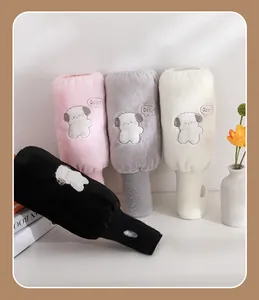 Close-up view of soft plush long oversleeves with cute dog embroidery in four different colors