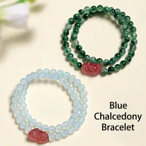 Bracelet élégant à double tour en perles avec calcédoine bleue et Pixiu en quartz fraise