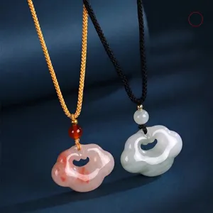 Elegant Chinese style auspicious cloud ruyi jade pendant necklaces with red and green stones