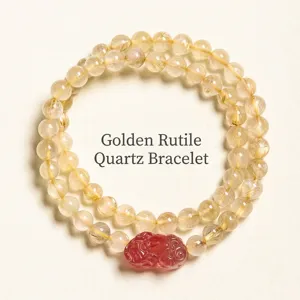 Bracelet double tour en quartz rutilé doré naturel et quartz fraise élégant pour femme