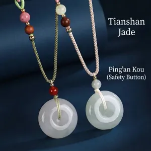 Elegant Tianshan jade donut pendant necklace featuring braided rope and colorful accent beads.