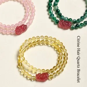 Bracelet à double tour en perles de cristal de fraise naturel avec un pendentif Pixiu
