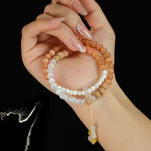 Pulsera de doble capa con cuentas de ojo de gato rosa y calcedonia azul con dije de jade