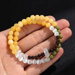 Pulsera de doble vuelta con ojo de gato, sándalo y hebilla de seguridad de jade