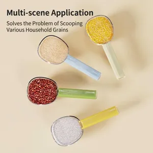 Multifunctional colorful grain scoops set with integrated bag sealing clip handles