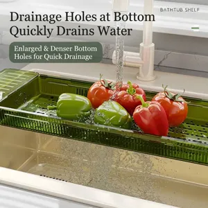 Adjustable green transparent bathtub shelf with drainage holes for kitchen or bath sink