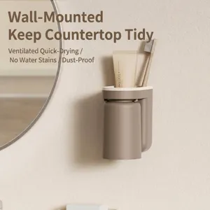 Minimalist wall-mounted brown toothbrush holder with cup for organized bathroom