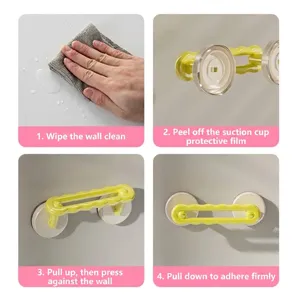 Easy 4-step installation guide for a yellow safety suction cup bathroom grab bar