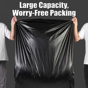 Heavy-duty large black commercial garbage bag shown stretched by two people outdoors