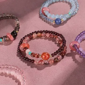 Natural Crystal Amethyst Aquamarine Strawberry Quartz Double-Loop Beaded Bracelet With Safety Button Pendant Women Jewelry
