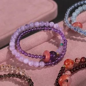 Amethyst and aquamarine double-layer beaded bracelet with a decorative ping'an buckle charm