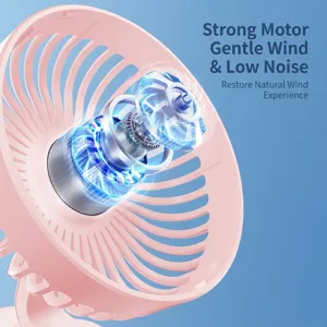 Mini ventilador portátil USB rosa con detalle del motor potente mostrado en primer plano