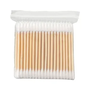 Disposable double-headed wooden cotton swabs in a clear zip-lock bag for personal hygiene.