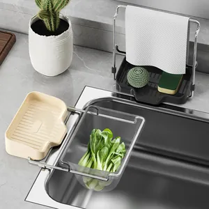 Kitchen Sink Filter Rack Stainless Steel Disposable Mesh Bag Holder Residue Strainer Rack With PP Storage Tray Household Waste Collector Sink Caddy