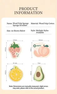 Détails et dimensions des éponges de cuisine en pulpe de bois en forme de fruit.