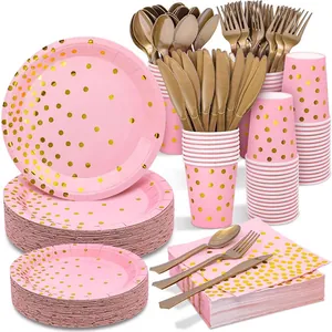Disposable Party Tableware Set Pink Gold Polka Dot Paper Plates Cups Napkins Plastic Cutlery For Birthday Picnic Event Supplies