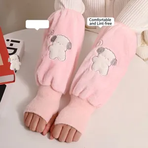 Pink plush puppy embroidery oversleeves for winter office work protection