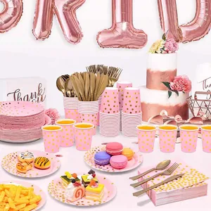 Pink and gold polka dot disposable party tableware set for birthday or bridal shower