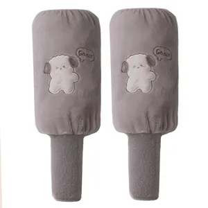 Plush long oversleeves for winter with cute cartoon dog embroidery and elastic cuffs.