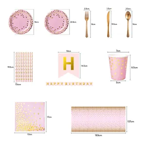 Comprehensive pink and gold dot disposable tableware set for birthday parties with dimensions