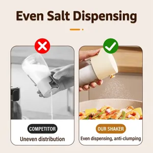Precise salt shaker dispenser sprinkling seasoning on food in a modern kitchen scene