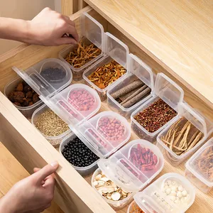 Set of transparent plastic spice storage boxes with lids for kitchen drawer organization