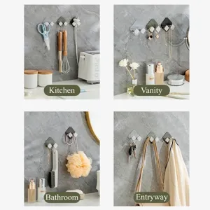 Multi-purpose adhesive wall hooks for organizing plugs and home accessories in four scenarios.