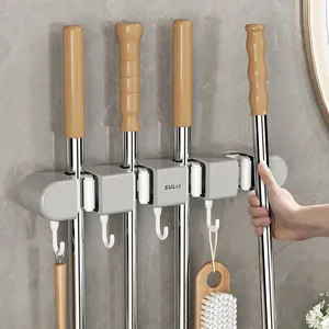 Self-Adhesive Wall Mounted Mop Holder ABS Silicone Multi-Functional Storage Rack With Hooks For Bathroom Broom Organizer