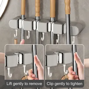 Multifunctional wall-mounted broom and mop holder with hooks, no-drill adhesive