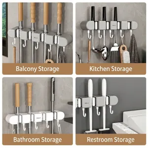 Multifunctional wall-mounted mop and broom holder with hooks for kitchen and bathroom storage